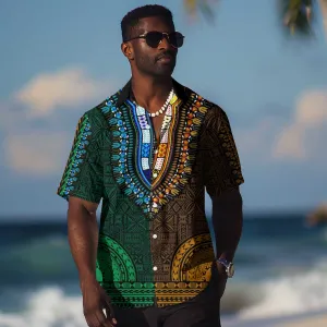 Green-gold Dashiki and Tapa Pattern Hawaiian Shirt Africa-Polynesia Together Culture LT9