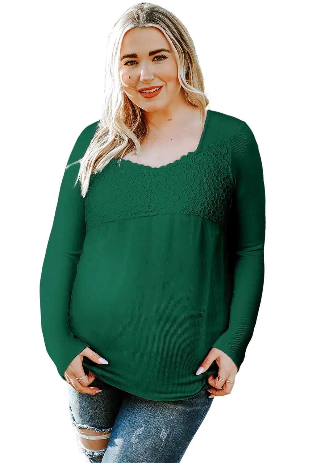 Green Lace Crochet V Neck Long Sleeve Top
