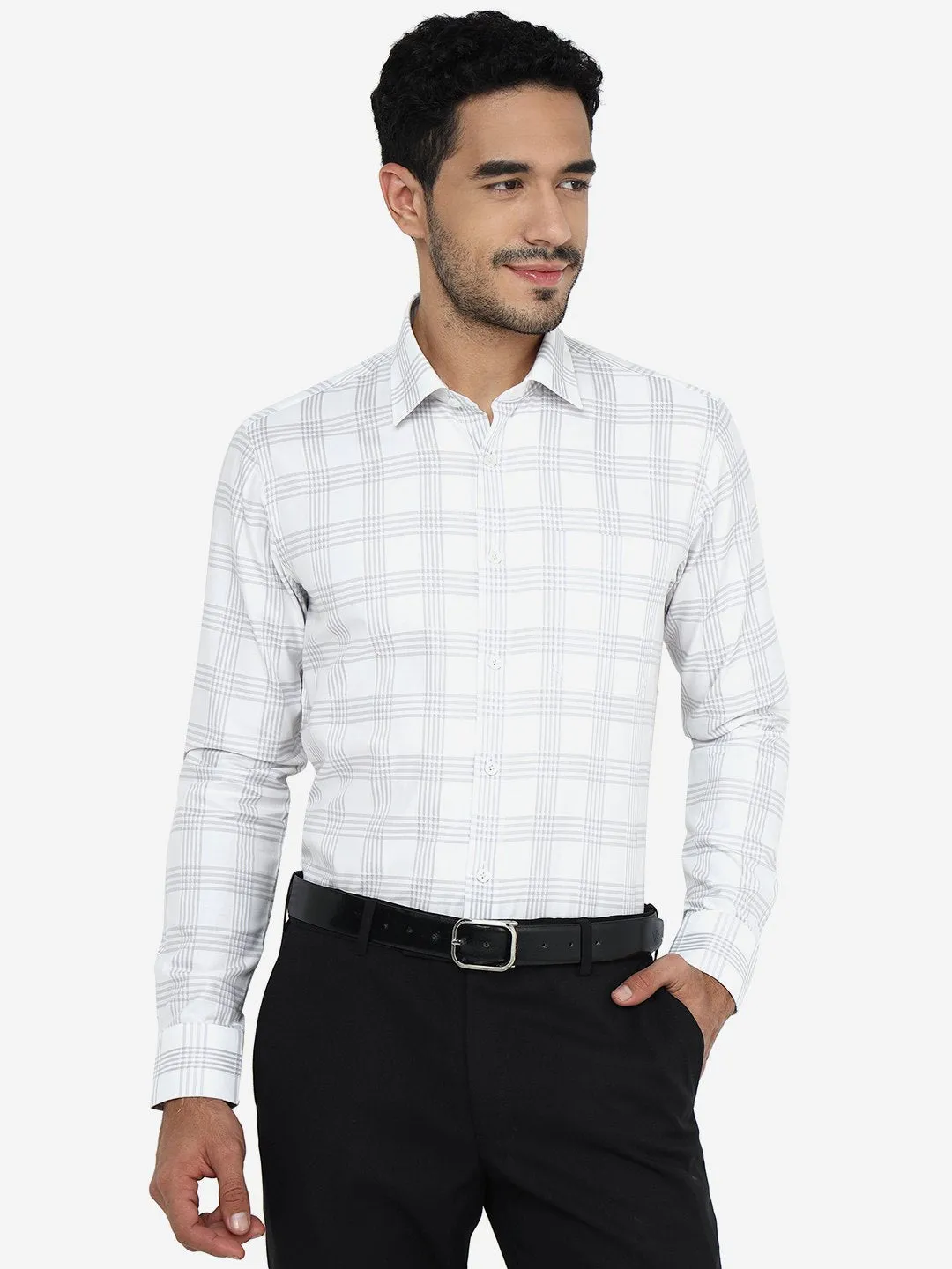 Grey Checked Slim Fit Formal Shirt | JadeBlue