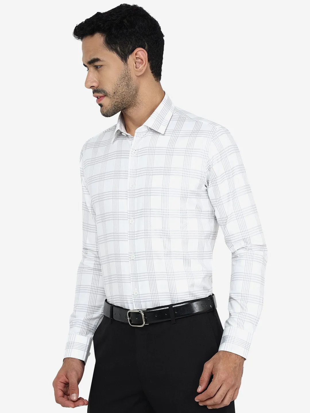 Grey Checked Slim Fit Formal Shirt | JadeBlue