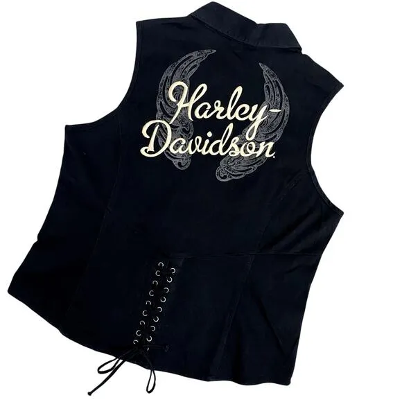 Harley-Davidson Collar Vest Womens 1W Traditional Wing Black Embroidered Lace