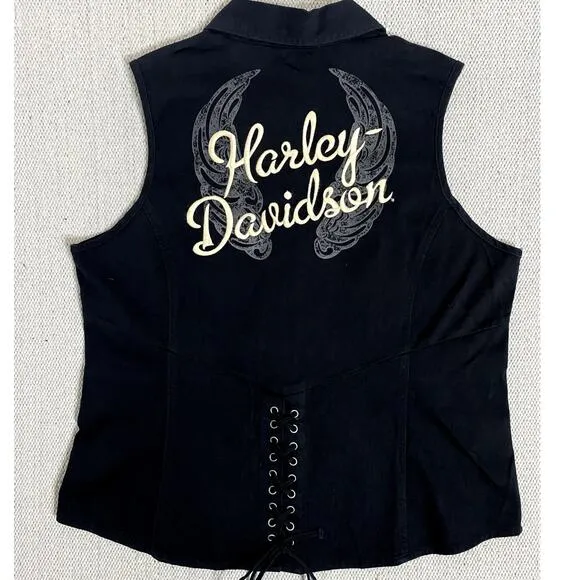 Harley-Davidson Collar Vest Womens 1W Traditional Wing Black Embroidered Lace