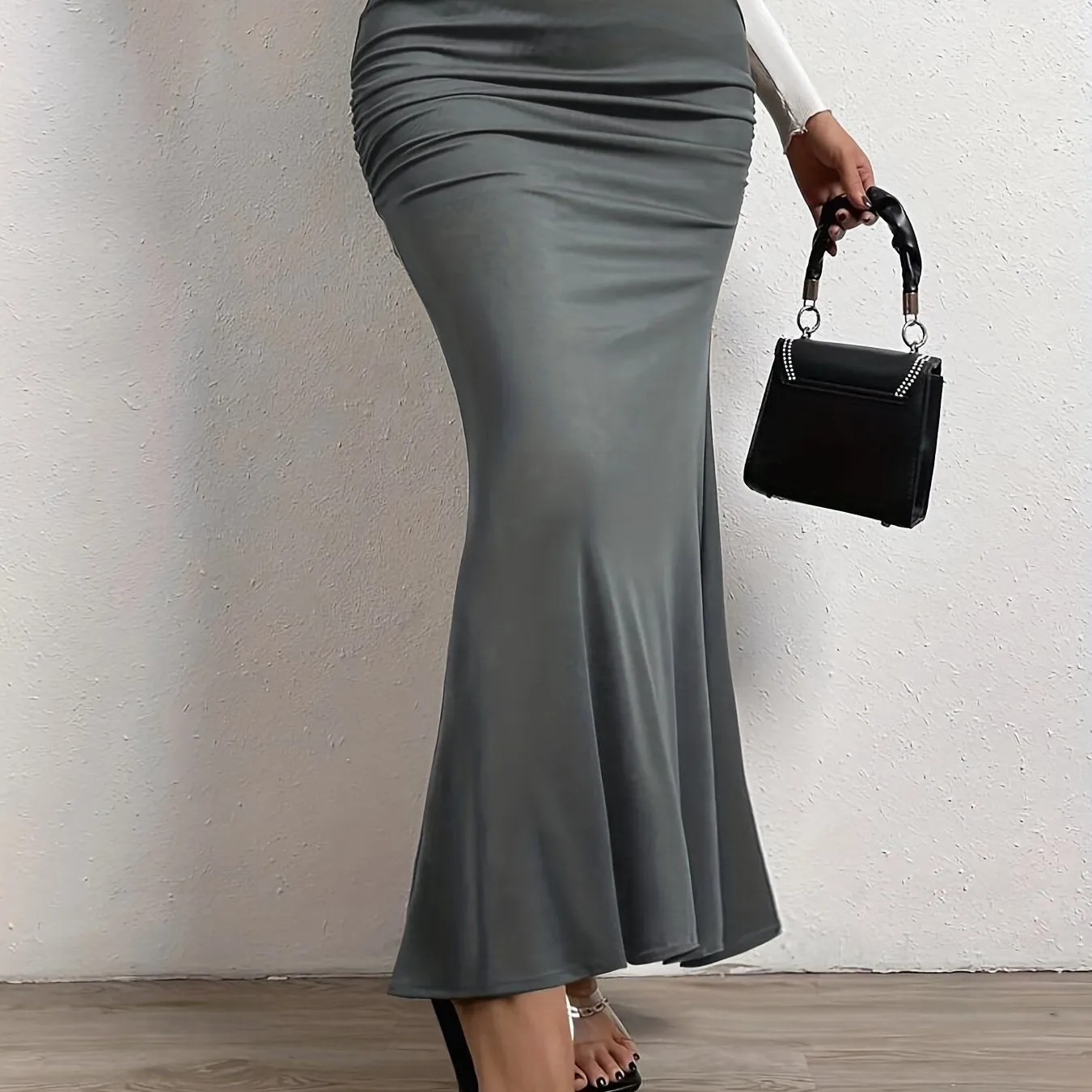 High Waist Mermaid Hem Skirts, Elegant Slim Ruched Maxi Skirts, Women's Clothing