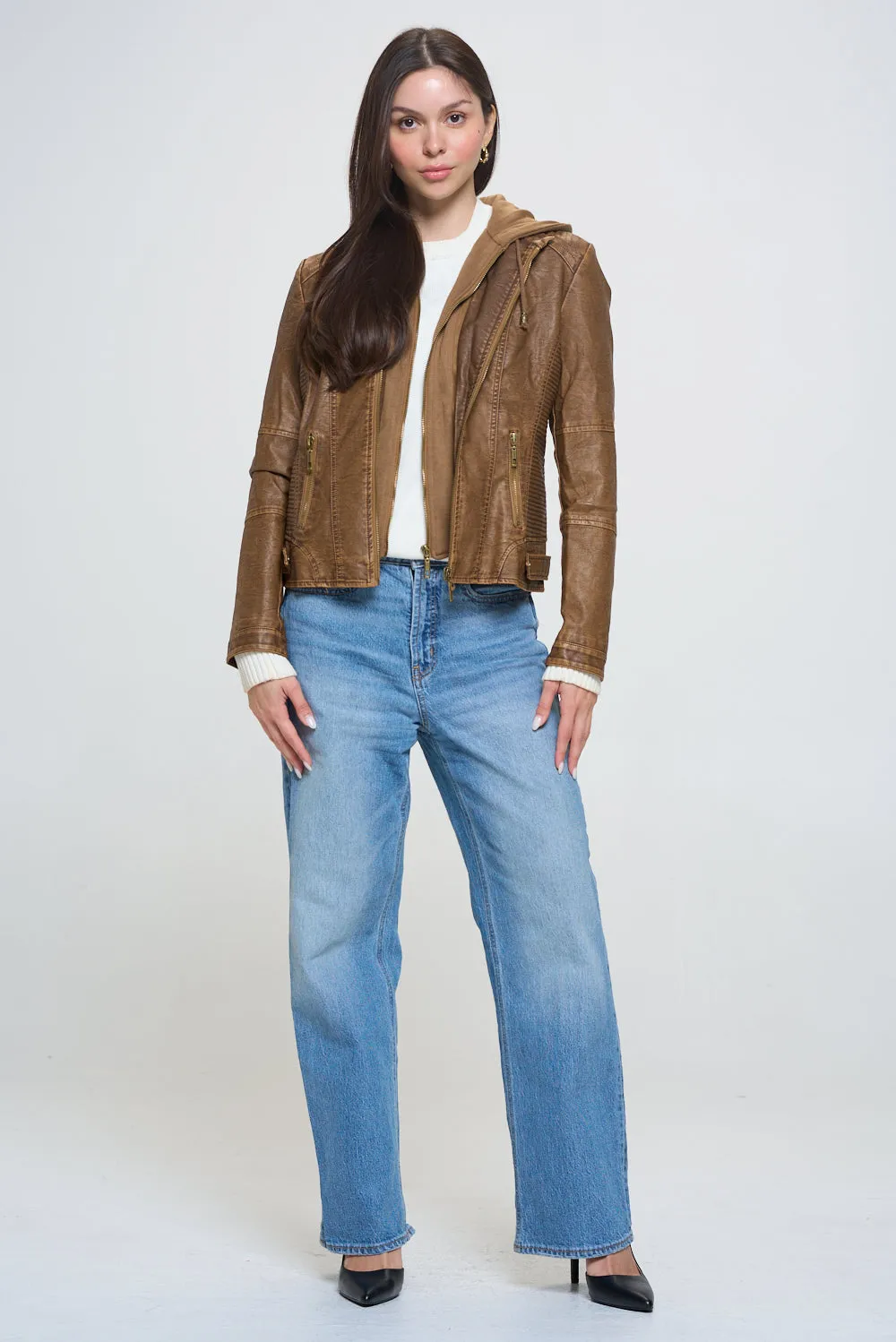 Hooded Vegan Leather Jacket - Camel