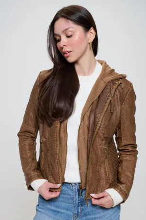 Hooded Vegan Leather Jacket - Camel