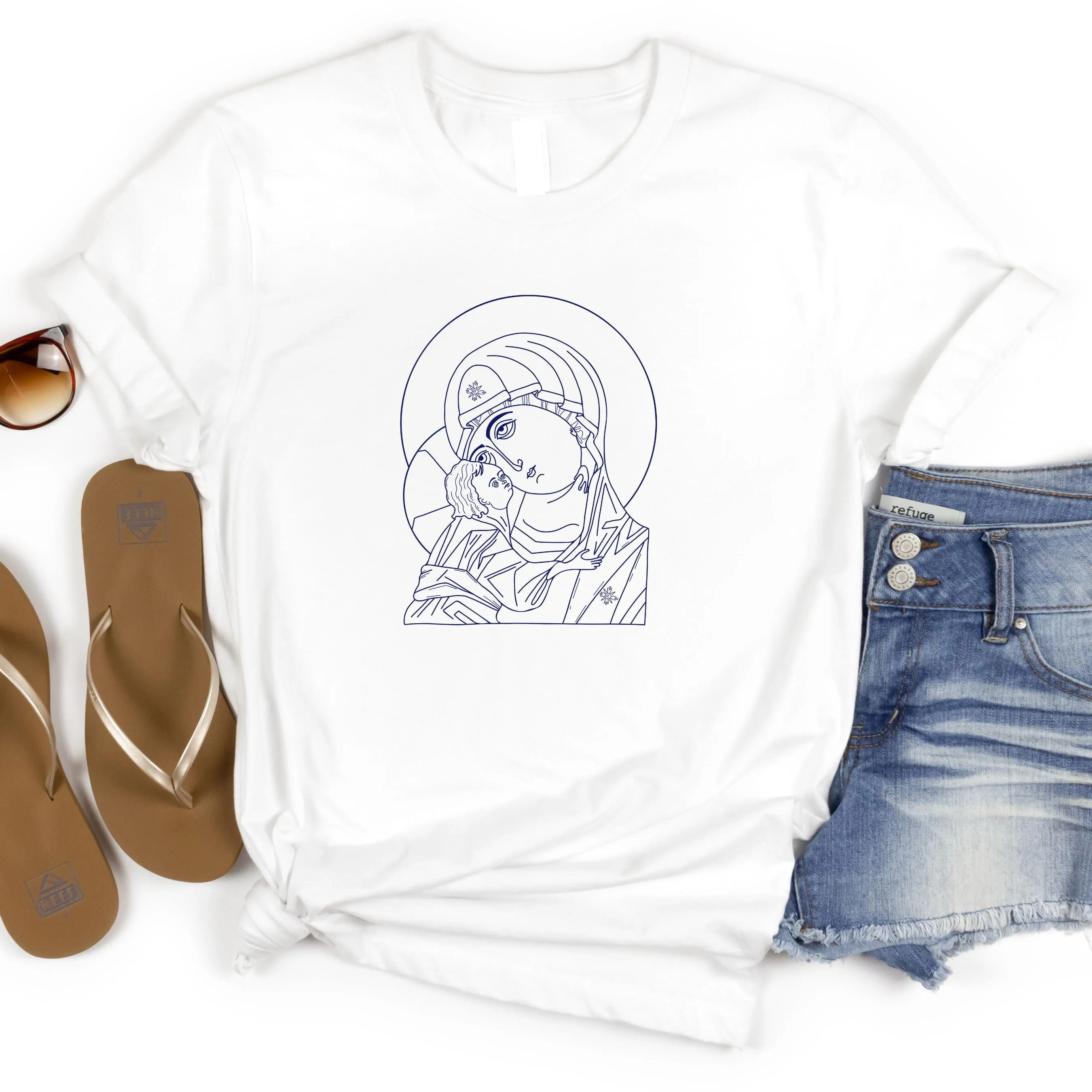 Icon of the Blessed Mother and the Child Jesus Crewneck T-Shirt