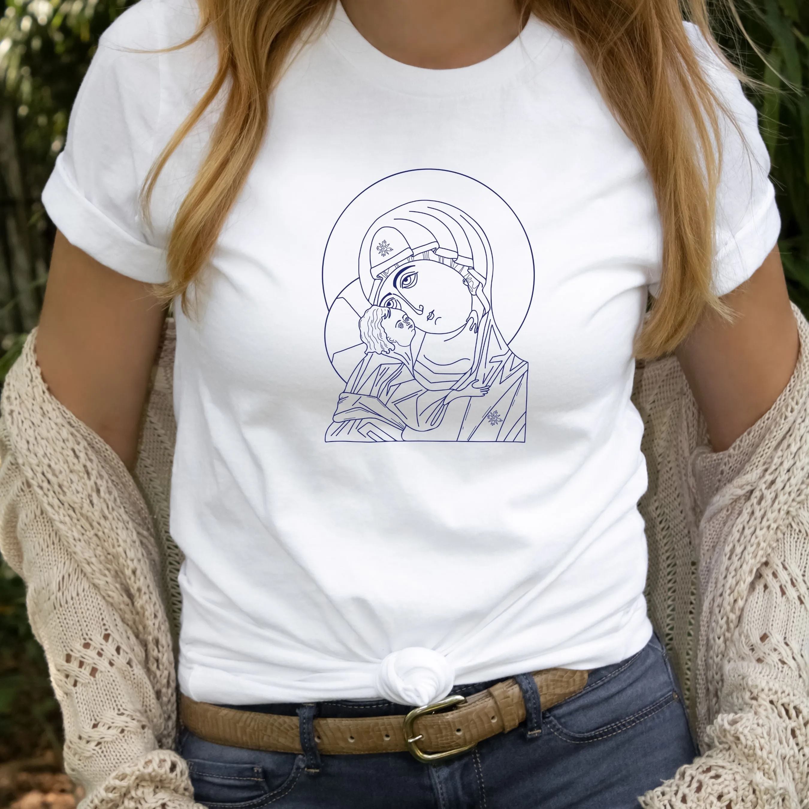 Icon of the Blessed Mother and the Child Jesus Crewneck T-Shirt
