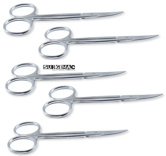 Iris Micro Dissecting Dental Lab Sharp Scissors, 4.5" (11.43cm) Fine Point Curved, Stainless Steel (Set of 5)