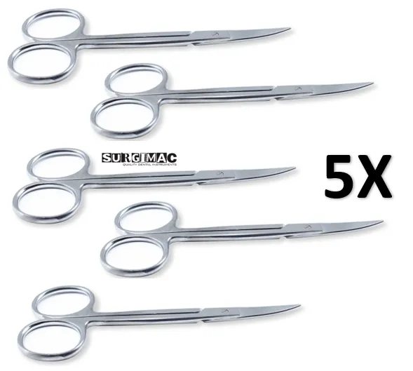 Iris Micro Dissecting Dental Lab Sharp Scissors, 4.5" (11.43cm) Fine Point Curved, Stainless Steel (Set of 5)