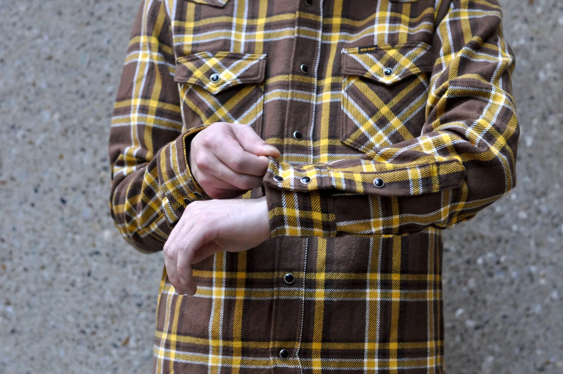 Iron Heart Ultra-Heavy Flannel Crazy Check Western Shirt (Mustard Brown)