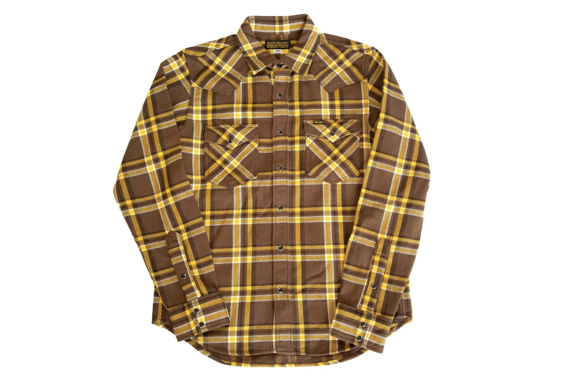 Iron Heart Ultra-Heavy Flannel Crazy Check Western Shirt (Mustard Brown)