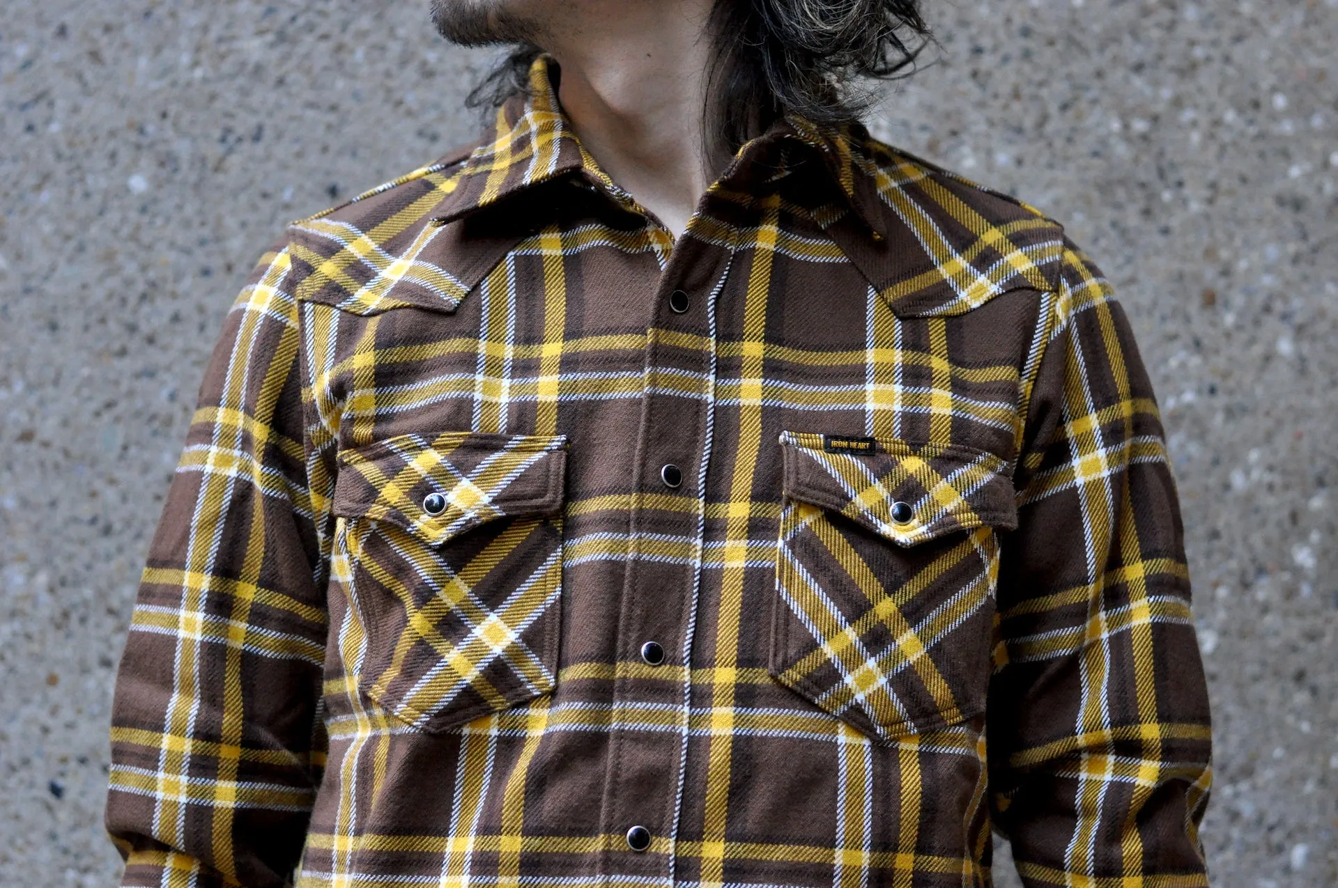 Iron Heart Ultra-Heavy Flannel Crazy Check Western Shirt (Mustard Brown)