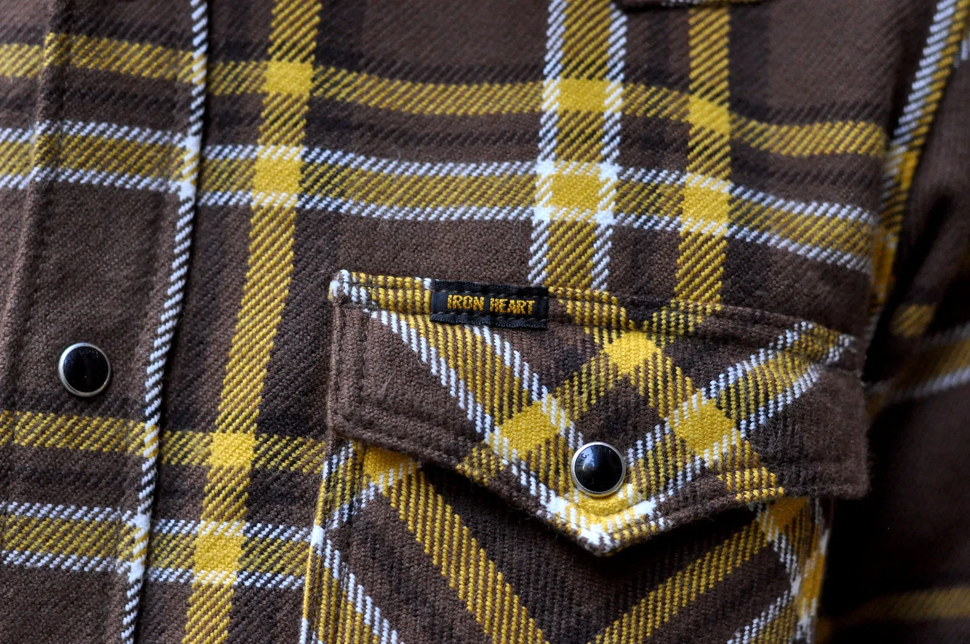 Iron Heart Ultra-Heavy Flannel Crazy Check Western Shirt (Mustard Brown)