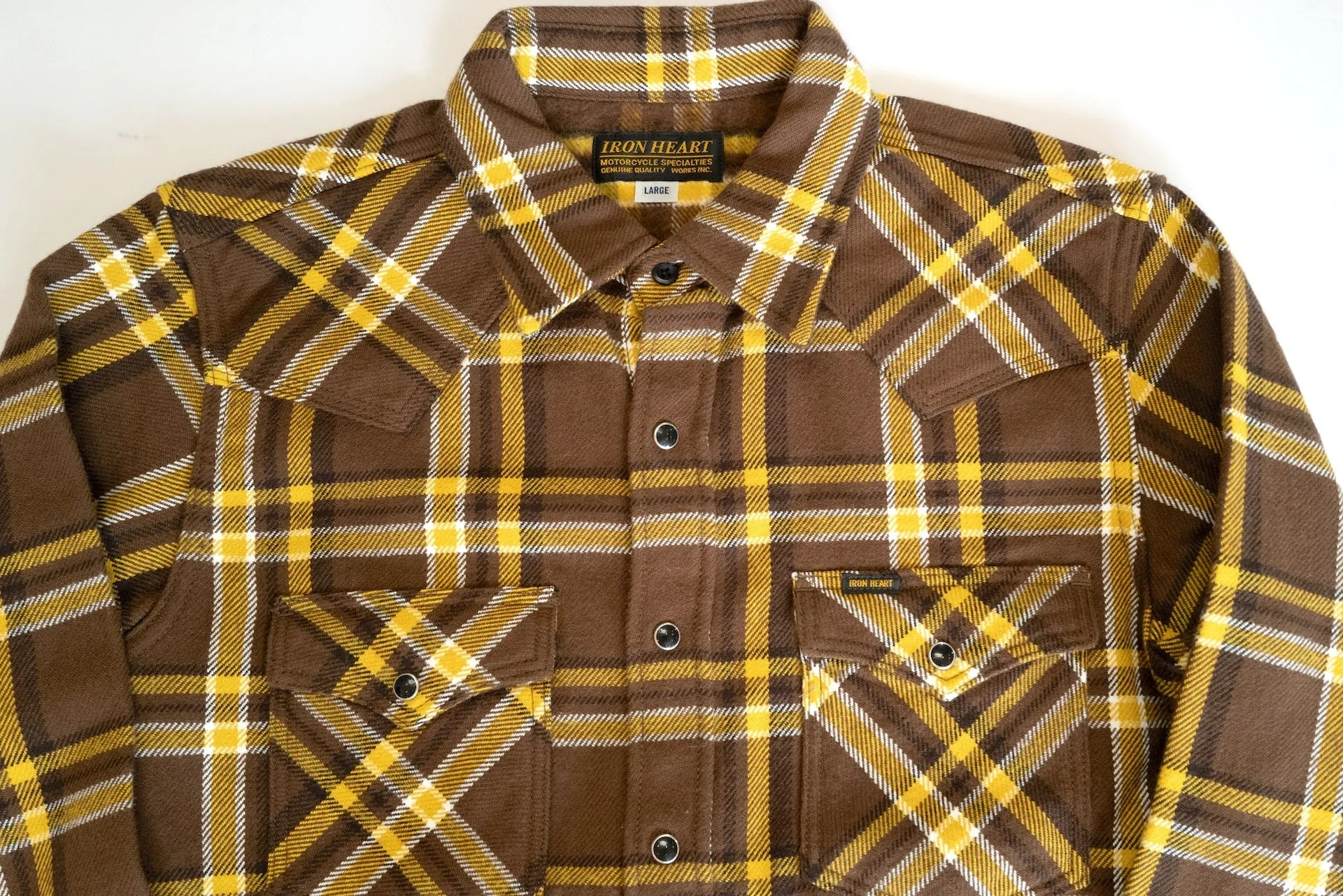 Iron Heart Ultra-Heavy Flannel Crazy Check Western Shirt (Mustard Brown)