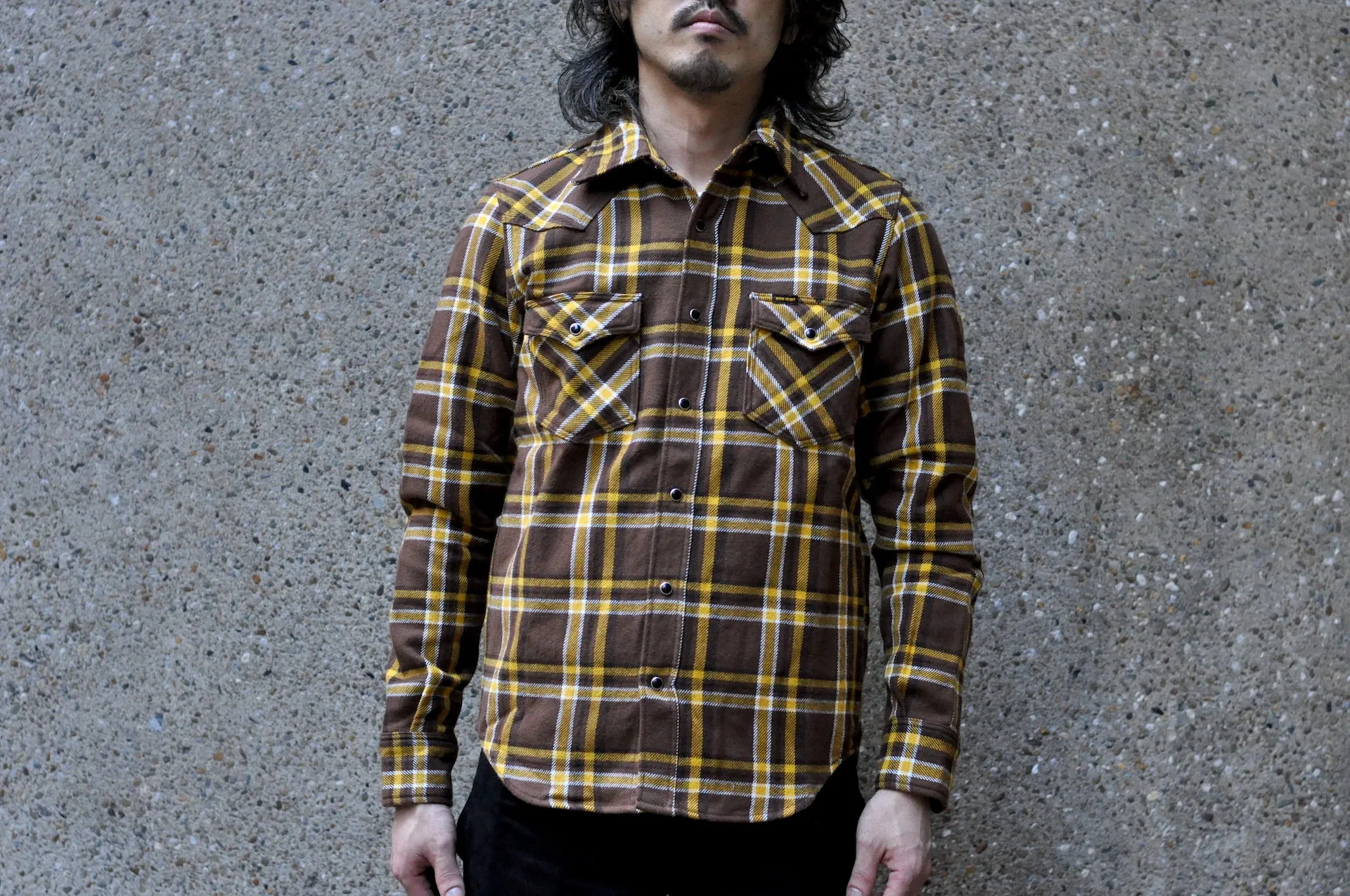 Iron Heart Ultra-Heavy Flannel Crazy Check Western Shirt (Mustard Brown)
