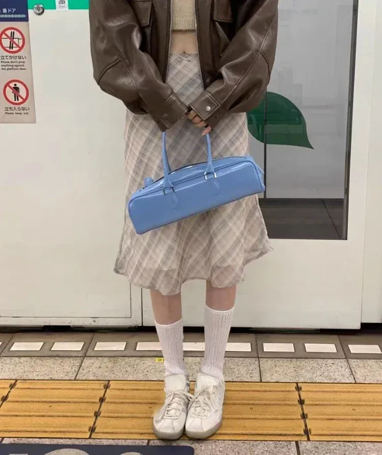 JazzHer 2024 Summer Vintage Midi Plaid Striped Print Skirts Women Sweet Loose Pleated Ladies Skirt High Waist Korean Style Woman Skirts