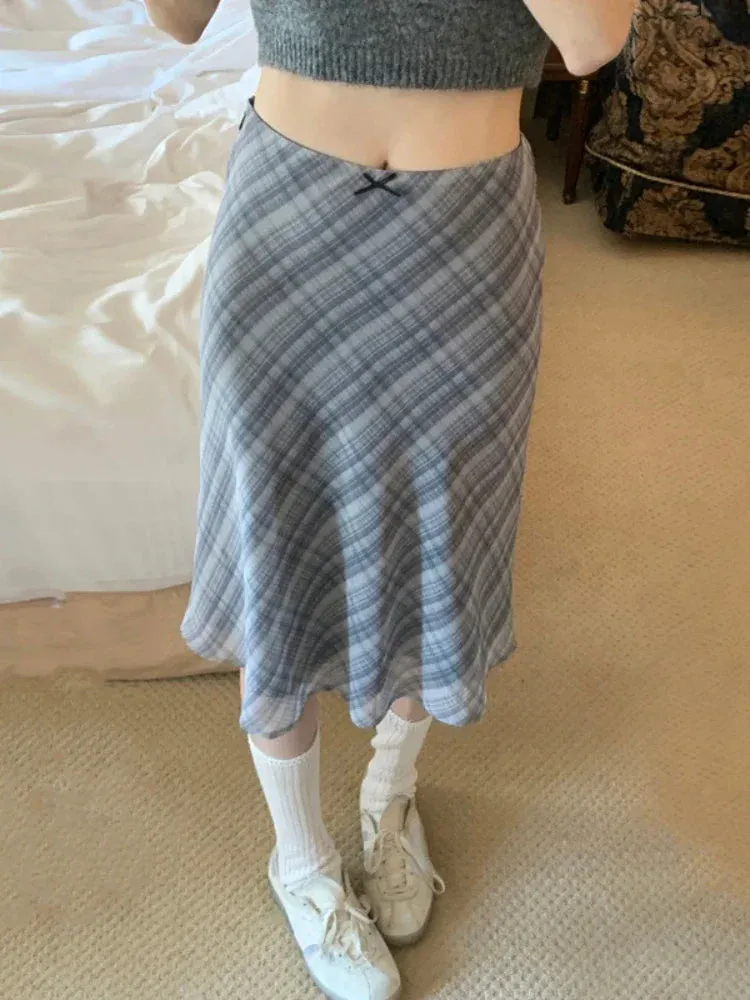 JazzHer 2024 Summer Vintage Midi Plaid Striped Print Skirts Women Sweet Loose Pleated Ladies Skirt High Waist Korean Style Woman Skirts