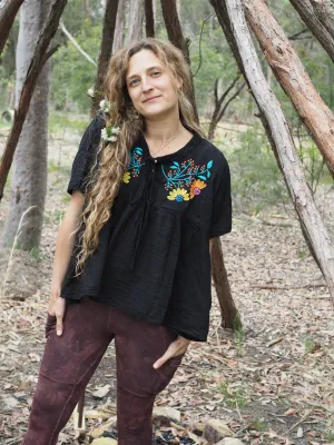 Karuna Blouse - Mexican Fiesta Black with Orange and Yellow Petals
