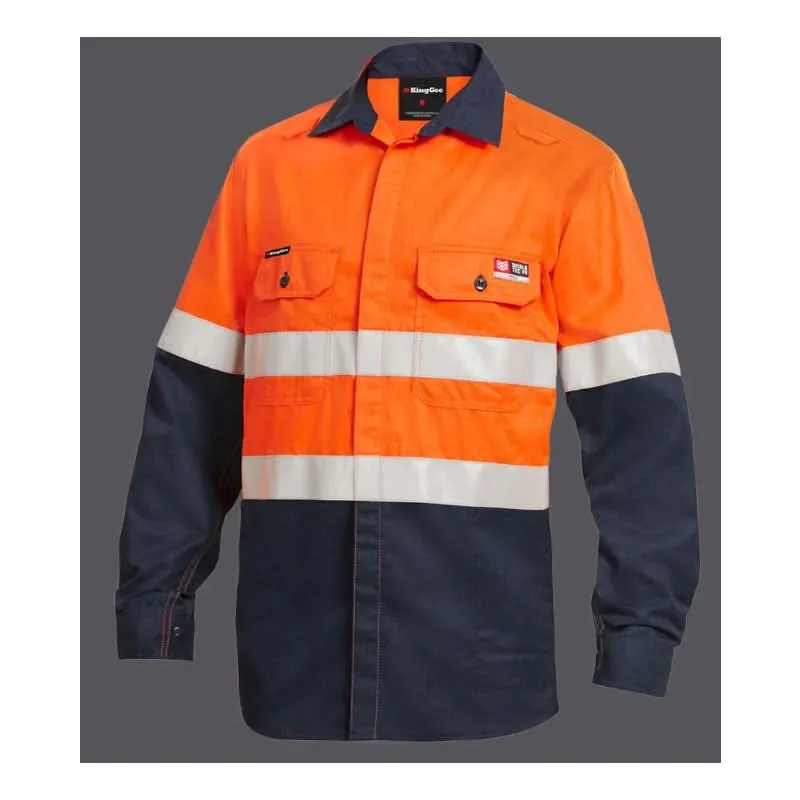 King Gee Shieldtec Lenzing Flame Ratardant Hi-Vis Spliced Open Front Taped Shirt