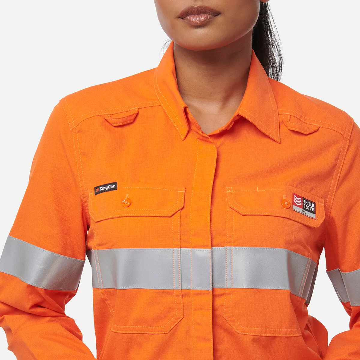 KingGee Women's Shieldtec Lenzing Flame Resistant Hi-Vis Long Sleeve Shirt Taped - Orange