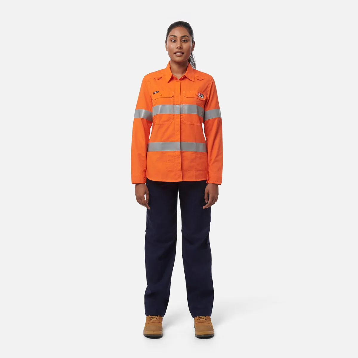 KingGee Women's Shieldtec Lenzing Flame Resistant Hi-Vis Long Sleeve Shirt Taped - Orange