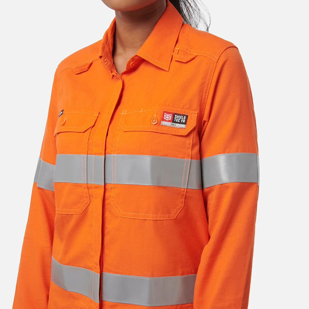 KingGee Women's Shieldtec Lenzing Flame Resistant Hi-Vis Long Sleeve Shirt Taped - Orange