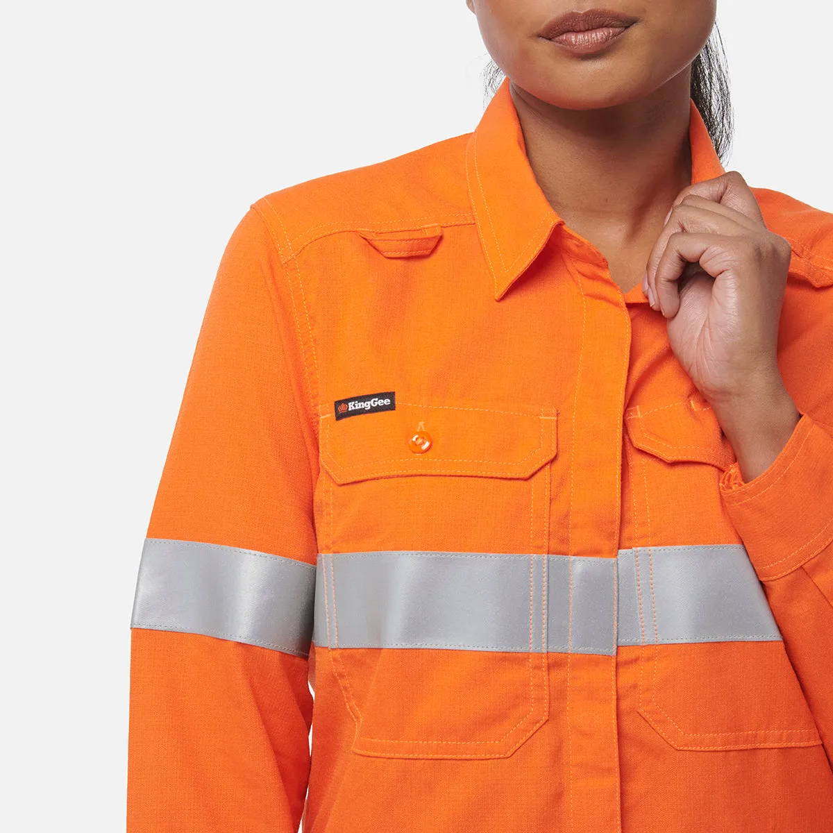 KingGee Women's Shieldtec Lenzing Flame Resistant Hi-Vis Long Sleeve Shirt Taped - Orange