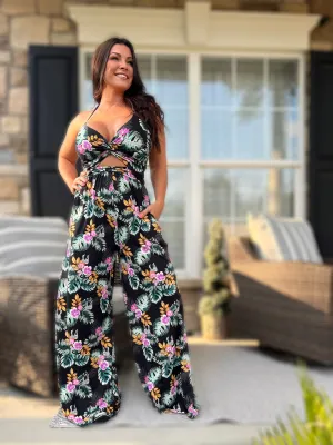 Knotted Tank Jumpsuit- Tropical Black Cheet