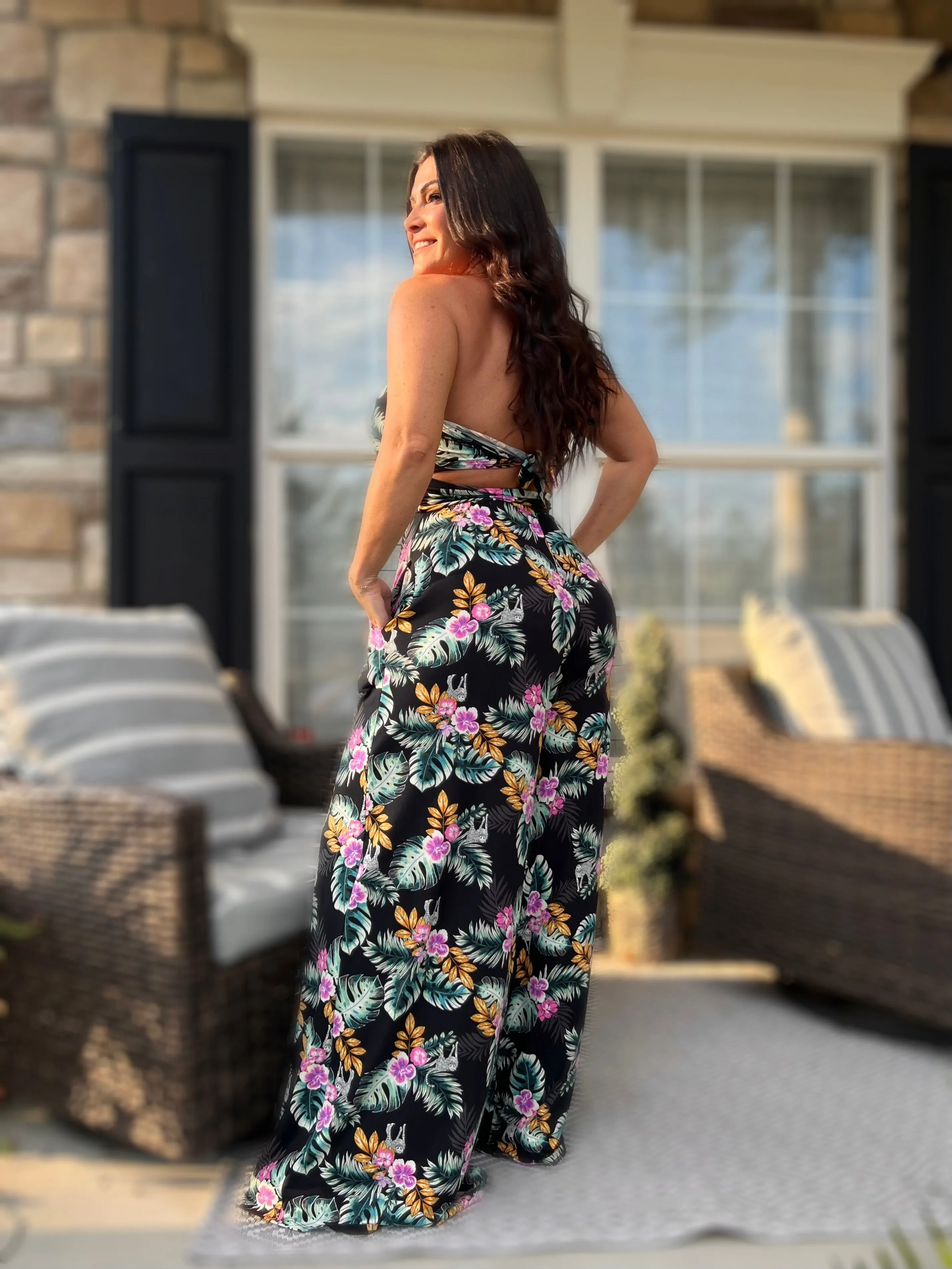 Knotted Tank Jumpsuit- Tropical Black Cheet
