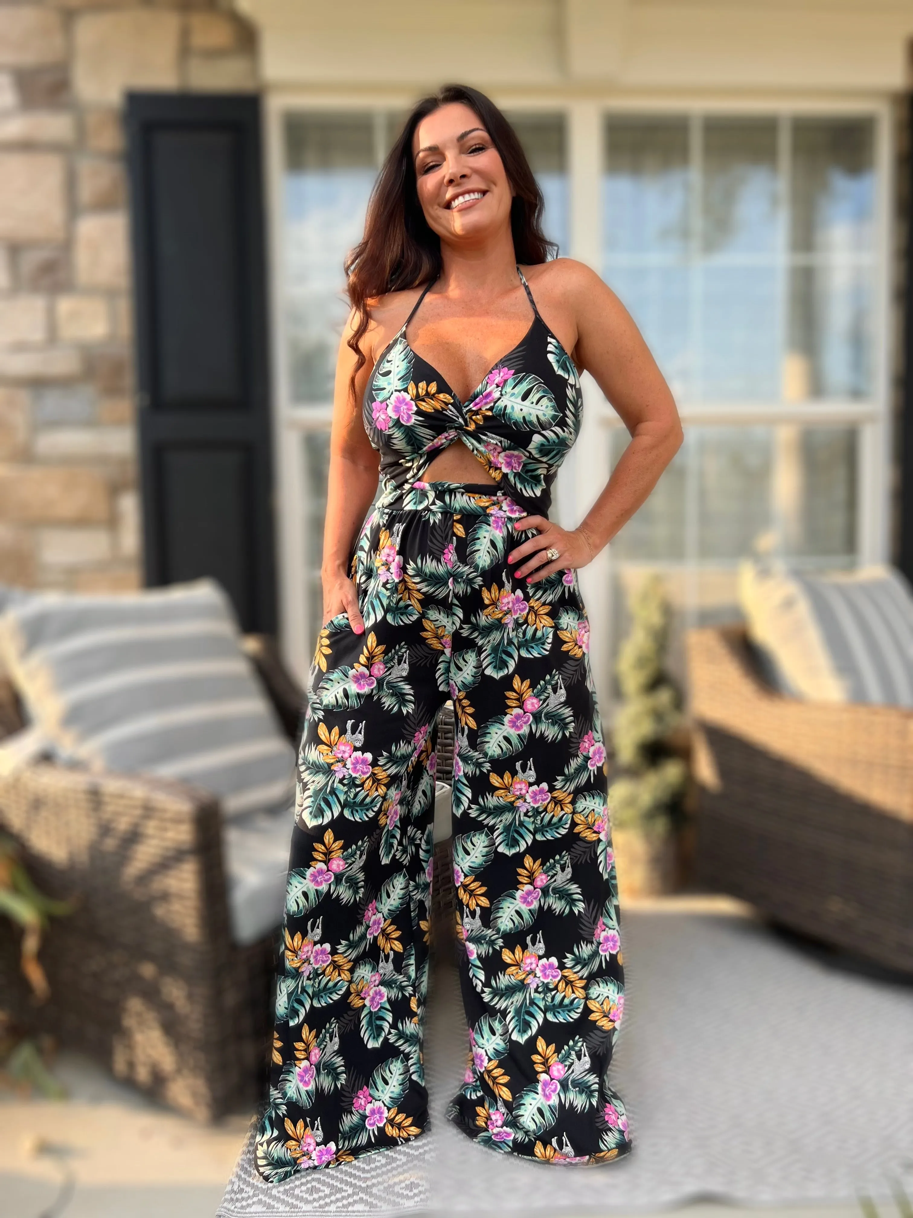 Knotted Tank Jumpsuit- Tropical Black Cheet