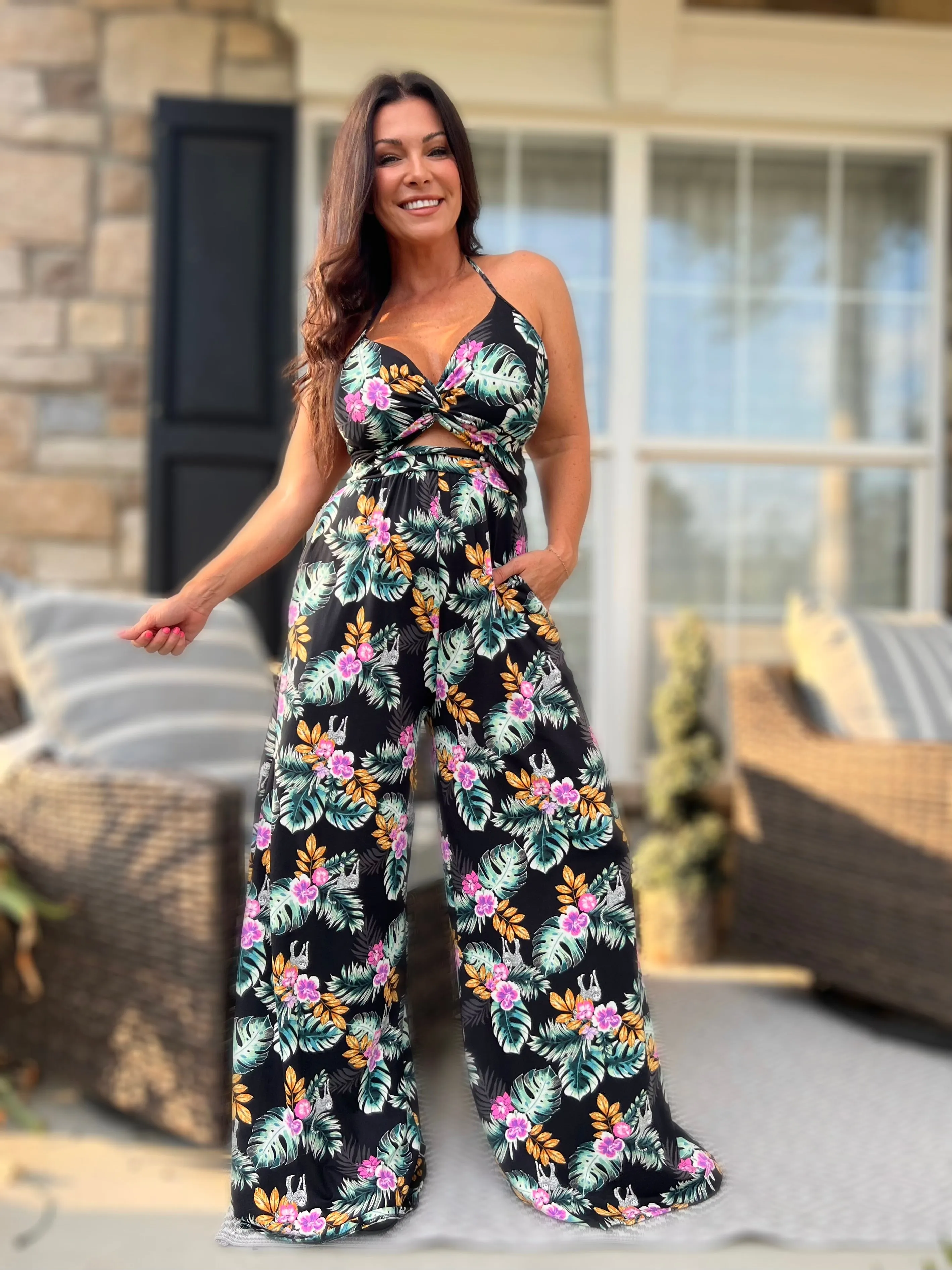 Knotted Tank Jumpsuit- Tropical Black Cheet