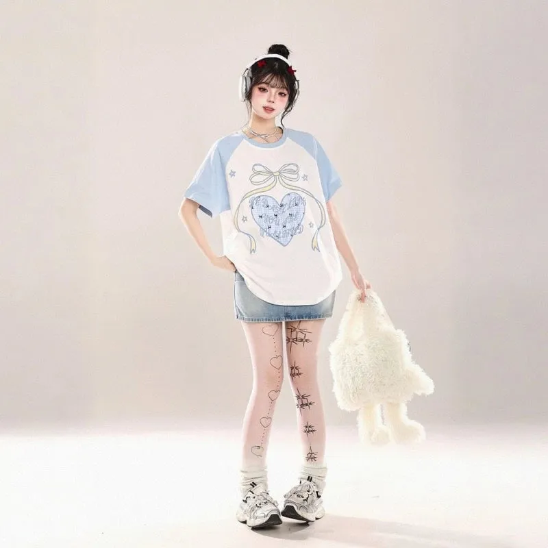 Korean Sweet Cool Style Pink Loving Heart Printed T-shirt