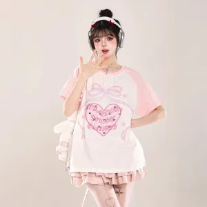 Korean Sweet Cool Style Pink Loving Heart Printed T-shirt