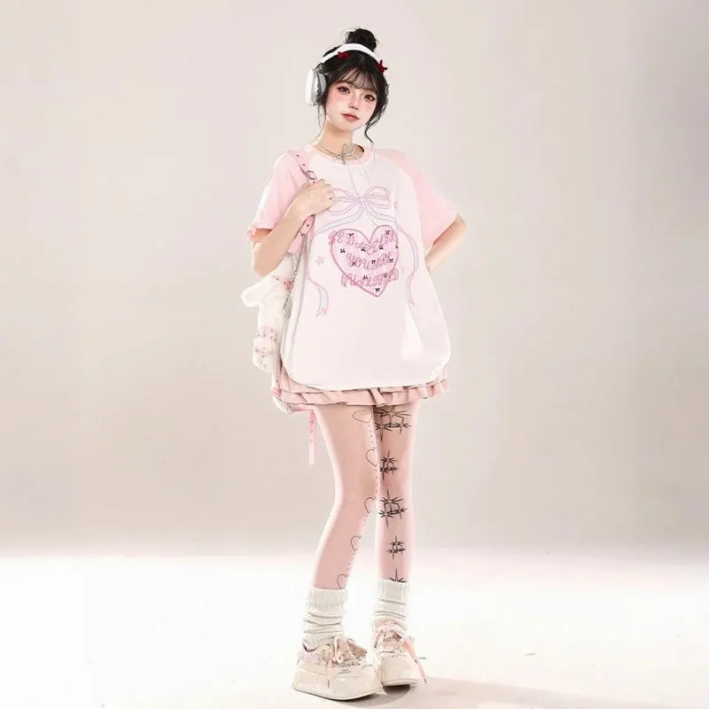 Korean Sweet Cool Style Pink Loving Heart Printed T-shirt