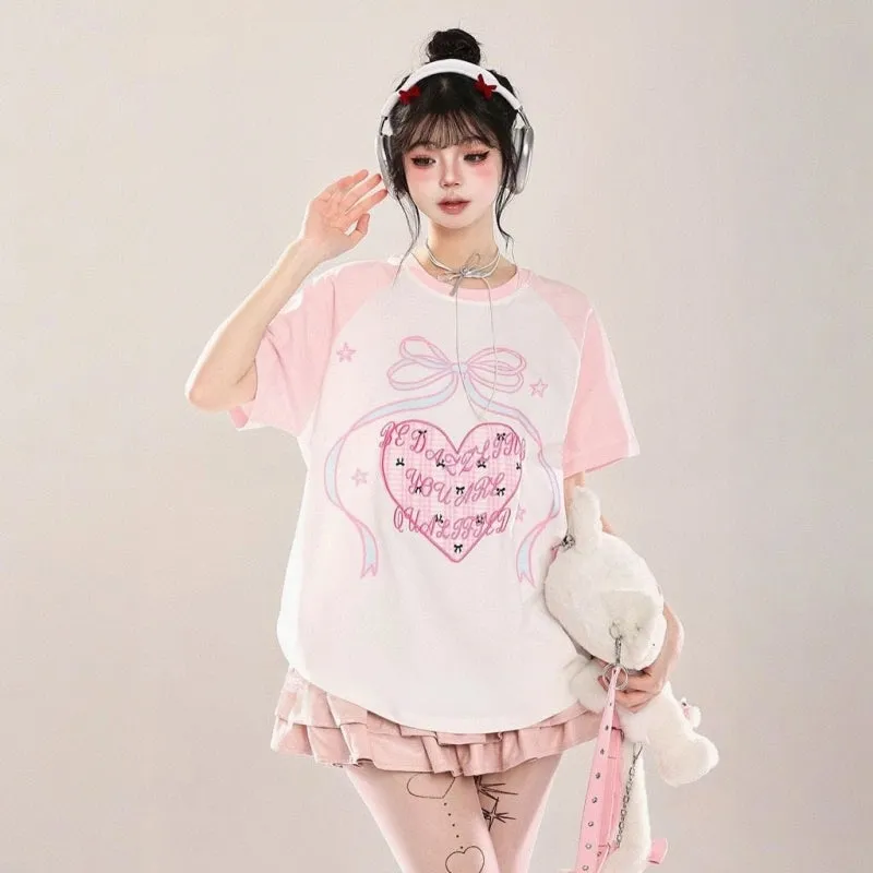 Korean Sweet Cool Style Pink Loving Heart Printed T-shirt