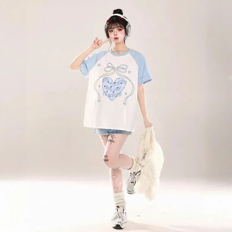 Korean Sweet Cool Style Pink Loving Heart Printed T-shirt