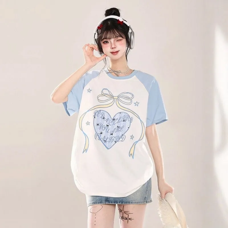 Korean Sweet Cool Style Pink Loving Heart Printed T-shirt