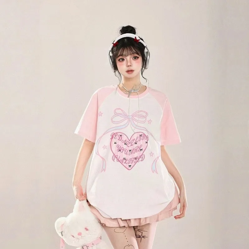 Korean Sweet Cool Style Pink Loving Heart Printed T-shirt