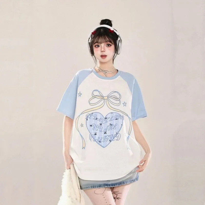 Korean Sweet Cool Style Pink Loving Heart Printed T-shirt