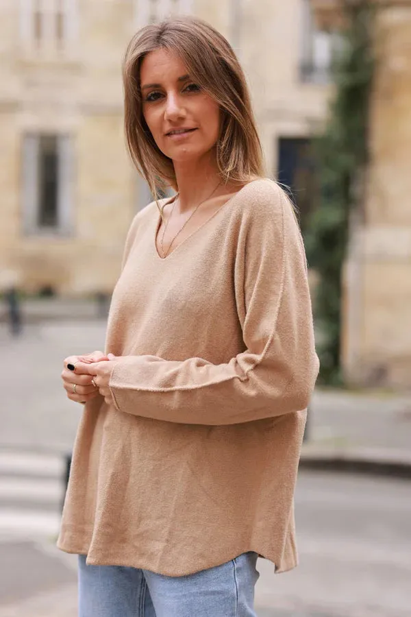 Light camel ultra-soft, Viscose Blend V-Neck Sweater