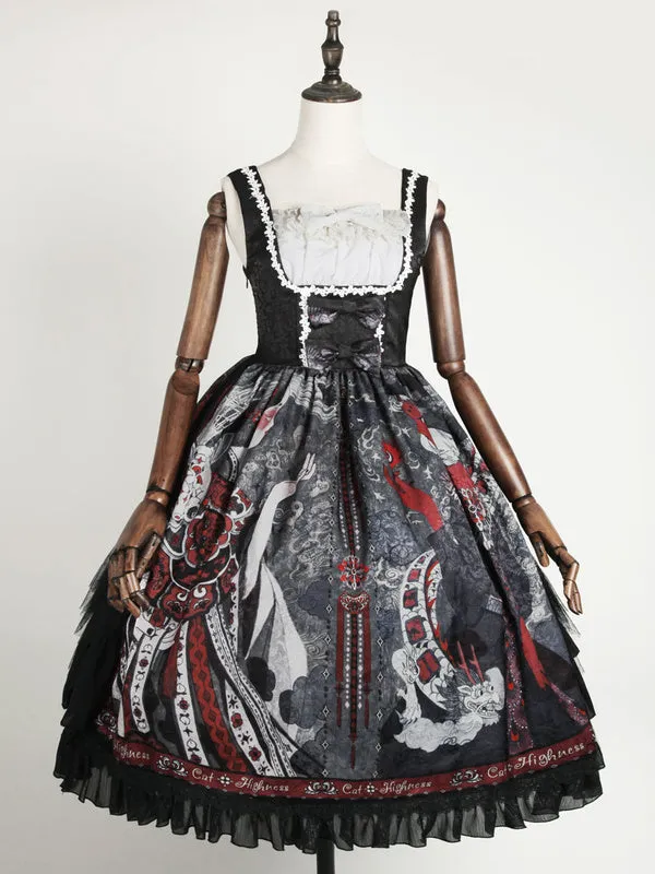 Lolita JSK Dress Black Silver Sleeveless Bows Polyester Fiber Lolita Jumper Skirts