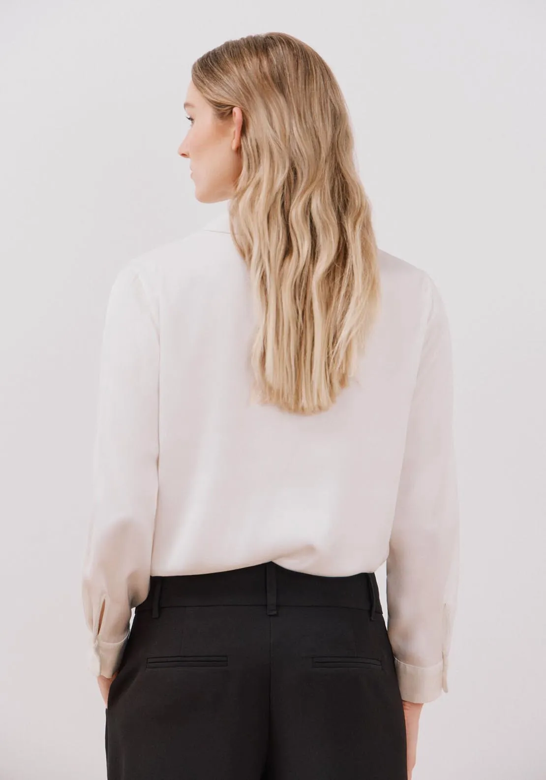 Long Sleeve Satin-Finish Blouse - White