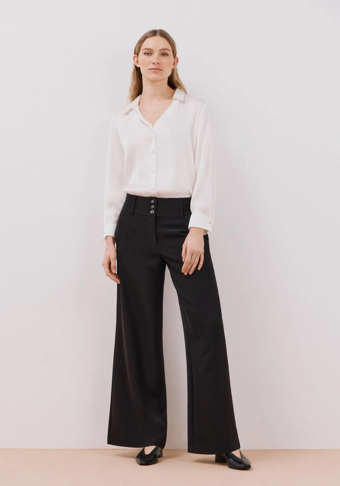 Long Sleeve Satin-Finish Blouse - White