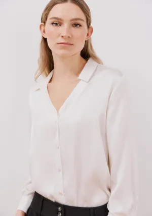 Long Sleeve Satin-Finish Blouse - White