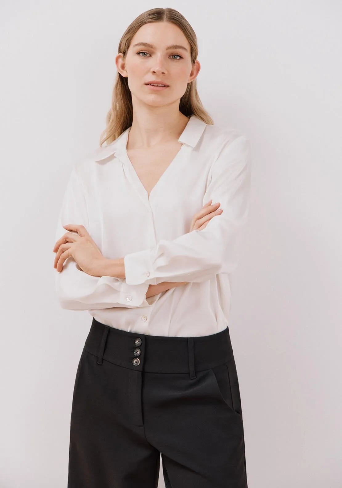 Long Sleeve Satin-Finish Blouse - White
