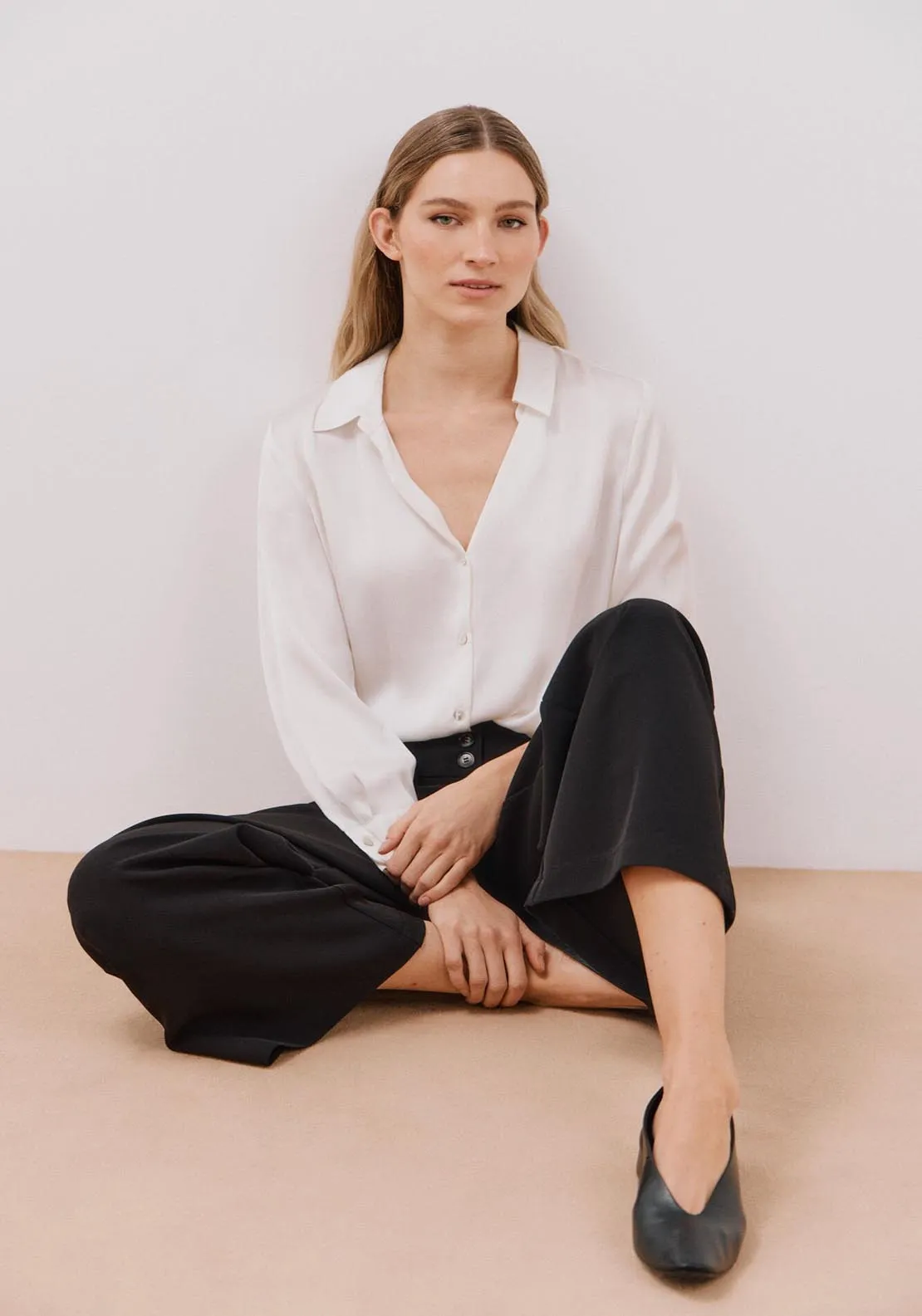 Long Sleeve Satin-Finish Blouse - White