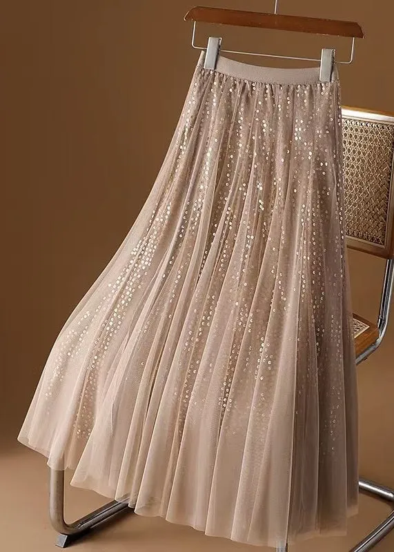Loose Coffee Sequins Elastic Waist Tulle Skirt Spring