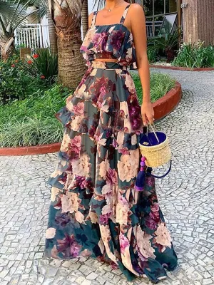 Loose Flower Print Layered Split-Joint Spaghetti-Neck Vest Top  High Waisted Skirts Bottom Two Pieces Set