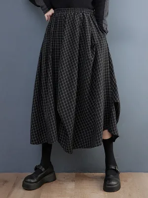 Loose Irregular Clipping Plaid Asymmetric Elasticity Skirts Bottoms