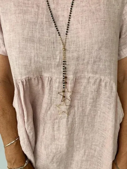 Loose round Neck Short Sleeve Cotton and Linen Dress